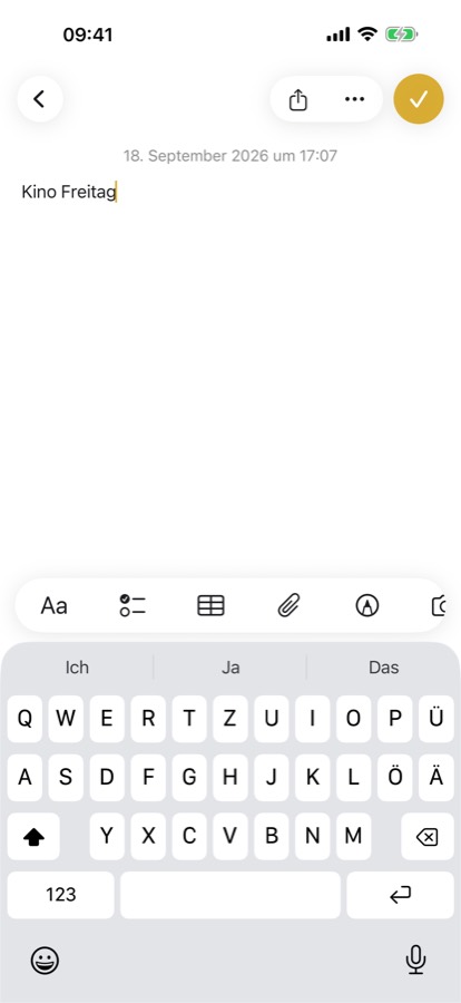 Eine geöffnete Notiz mit getipptem Text