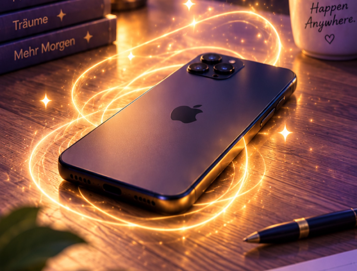 Ein iPhone liegt mit dem Display nach unten auf dem Tisch, umringt von goldenem Licht