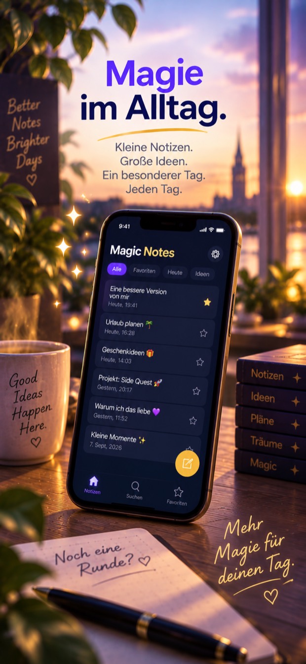 Magie im Alltag: ein iPhone mit Magic Notes auf einem Tisch im Abendlicht